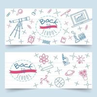 terug naar school banners met schoolelementen lijntekeningen op notebookpapier vector