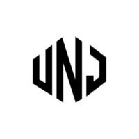 unj letter logo-ontwerp met veelhoekvorm. unj veelhoek en kubusvorm logo-ontwerp. unj zeshoek vector logo sjabloon witte en zwarte kleuren. unj monogram, business en onroerend goed logo.