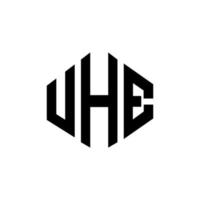 uhe letter logo-ontwerp met veelhoekvorm. uhe veelhoek en kubusvorm logo-ontwerp. uhe zeshoek vector logo sjabloon witte en zwarte kleuren. uhe monogram, bedrijfs- en onroerend goed logo.