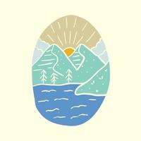 het meer en de bergen natuur wildlife ontwerp voor badge, sticker, patch, t-shirtontwerp vector