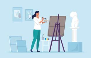 jonge vrouw schildert met olie, canvas. hobby. kunstenaar die zich dichtbij schildersezel bevindt. mooi meisje met borstel, palet. vector illustratie