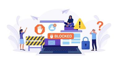 mensen zijn erg verrast en voelen zich angstig over een geblokkeerd gebruikersaccount. experts helpen de gebruiker om het account te deblokkeren. cybercriminaliteit, hackeraanval, censuur of beveiliging van ransomware-activiteiten vector