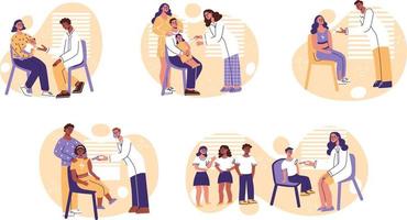 kinderen vaccinatie set verschillende nationaliteiten kind met familie gevaccineerd op school, ziekenhuis. kinderarts arts maakt injectie van griep, immunisatie. gezondheidszorg, preventie, vectorillustratie vector