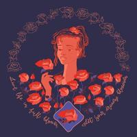 portret van vrouw met rode bloemen op blauw. vectorillustratie. vector