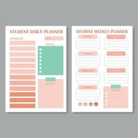 set van minimalistische studentenplanners. dagelijkse, wekelijkse planner sjabloon. ontwerp met roze en groene elementen. vector