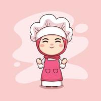 schattig en kawaii moslim vrouwelijke chef-kok die roze hijab en witte jurk draagt, voelt zich gelukkig cartoon chibi plat vectorkarakterontwerp vector