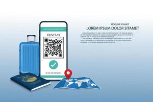 vector online hart paspoort concept. digitaal certificaat vaccin covic-19 met qr code.travel documenten. smartphone, wereldkaart, blauwe bagage en paspoortboeking.