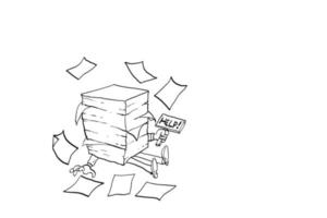 stripfiguur van overwerkte werknemer begraven door stapel documenten. concept van stress en burn-out. vector illustratie ontwerp