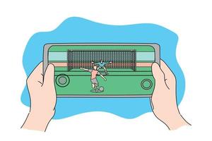 hand met een gadget-smartphone die voetbalsport mobiel spel speelt. plat ontwerp vector