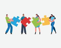 teamwork succesvol samen concept. marketinginhoud. harmonieuze zakenmensen die het grote puzzelstukje vasthouden. platte cartoon illustratie vector grafisch ontwerp