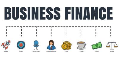 zakelijke financiën banner web icon set. raket, doel, bureaustoel, zakenvrouw, munten, koffie, geld, schalen vector illustratie concept.