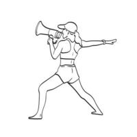 achteraanzicht van vrouw in sportkleding schreeuwen door megafoon illustratie vector hand getekend geïsoleerd op witte achtergrond lijntekeningen.