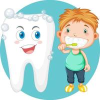 jongen tandenpoetsen naast gezonde tanden vector
