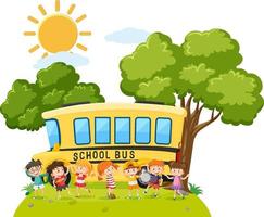 groep gelukkige kinderen en schoolbus vector