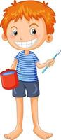 jongen die lacht na het tandenpoetsen met beker en tandenborstel vector