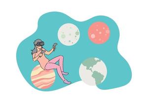 kind dat virtual reality gebruikt om te studeren. jonge vrouw die planeet met vr-apparaat onderzoekt. platte vector illustratie ontwerp