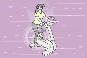 jonge vrouw die op een statische fiets rijdt terwijl ze virtual reality draagt. platte ontwerp illustratie vector