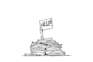 persoon begraven door tonnen documentbestanden met helpteken. concept van bureaucratie en papierwerk. cartoon vector illustratie ontwerp