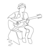 een mannelijke muzikant speelt akoestische gitaar. continue eenvoudige lijntekening. vectorillustratie voor muziek- en entertainmentconcept vector