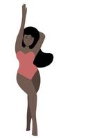 overgewicht cartoon zwart meisje portret, meisje in zwembroek, isoleren op wit, platte vector, meisje staat met één hand omhoog vector