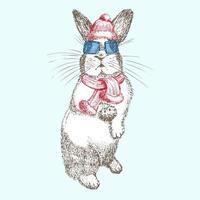 hand getekend konijn in rode wintermuts, sjaal, zonnebril. konijntjessymbool chinees nieuwjaar 2023. kerstmis decor. tatoeage kunst. zwart-wit schets gravure stijl ontwerp. vector