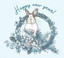 wit konijn met zwarte vlekken rond de ogen. chinees nieuwjaar symbool haas. zitkonijn in kerstkrans. nieuwjaarswenskaart in bluecolor. handgetekende enaving schets. vector