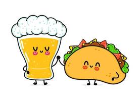 schattig, grappig vrolijk glas bier en taco. vector hand getekend kawaii stripfiguren, illustratie pictogram. grappige cartoon glas bier en taco mascotte vrienden concept