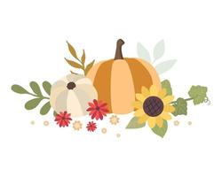 herfstconcept voor oogstfeest of Thanksgiving Day. pompoenen met zonnebloemen en bladeren. achtergrond voor posters, web, banners, flyers, ansichtkaarten vector