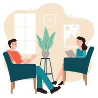 psychotherapie sessie. patiënt met individuele psychologische therapie en counseling met therapeut. geestelijke gezondheid, gezondheidszorg en psychologie. consultatie van een psychiater. vlakke stijl. vector