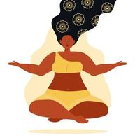 yoga-conceptvector. Afrikaanse of Indiase vrouw mediteren. zelfverbetering, controle van geest en emoties, zen relax concentratie yoga beoefening. meisje zit in lotushouding. vector