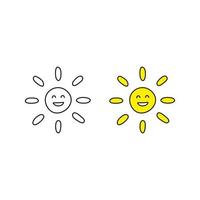 doodle overzicht en gekleurde happy smiley zon pictogrammen geïsoleerd op een witte achtergrond. vector