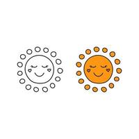 doodle overzicht en gekleurde happy smiley zon pictogrammen geïsoleerd op een witte achtergrond. vector