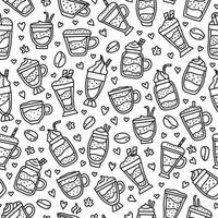 zwart-wit naadloos patroon met doodle overzicht koffiedranken, bonen, bloemen en harten. vector