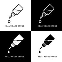 gezondheidszorg drugs pictogram symbool illustratie. vaccin fles logo. geneeskunde en behandeling immunisatie ontwerp vector iconen set