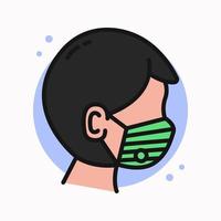 waarschuwing preventie virus en bacteriën logo cartoon. man dragen medische masker pictogram gevulde lijn. gezichtsmasker vectorillustratie vector