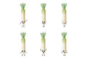 set van schattige cartoon daikon groenten vector tekenset geïsoleerd op een witte achtergrond
