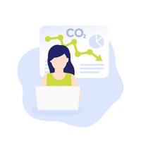 co2-gas, vermindering van de CO2-uitstoot, vrouw die gegevens analyseert vector