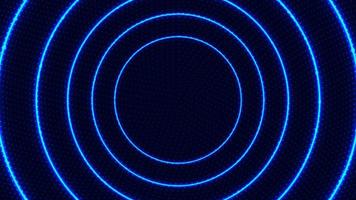 abstracte radiale bewegingslijnen cirkels blauw gloeiend neon lichtgevend verlichtingseffect heldere energiestralen met stippendeeltjes op donkere achtergrond vector