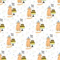 naadloos patroon met katten en verjaardagstaarten. handgetekende vlakke afbeelding en happy bday belettering. geweldig voor inpakpapier vector