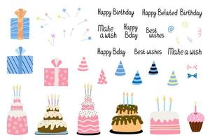 verjaardagsfeestje decoraties instellen. taarten, feestmutsen, belettering, geschenkdozen. hand getekend platte vectorillustratie. vector