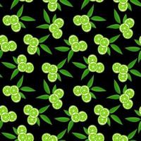 limoen met groene bladeren, citrus schijfje op zwarte achtergrond. naadloos patroon tropisch patroon vector
