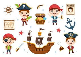 piraat cartoon karakter illustratie met schatkaart, houten wiel, kisten, papegaai, piraat, schip, vlag en vrolijke roger in platte pictogramstijl vector