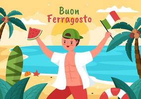 buon ferragosto Italiaans zomerfestival in strand cartoon afbeelding op feestdag gevierd op 15 augustus in vlakke stijl ontwerp vector