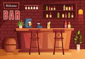 bar of pub 's avonds met flessen alcoholische dranken, barman, tafel, interieur en stoelen in de binnenkamer in platte cartoonillustratie vector