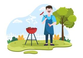 bbq of barbecue met steaks op grill, borden, worst, kip, groenten en mensen op picknick of feest in het park in platte cartoonillustratie