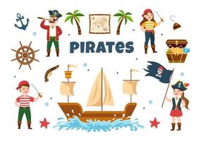 piraat cartoon karakter illustratie met schatkaart, houten wiel, kisten, papegaai, piraat, schip, vlag en vrolijke roger in platte pictogramstijl vector