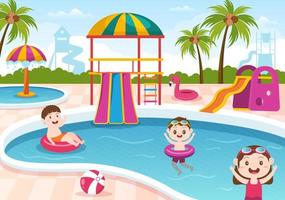 waterpark met zwembad, amusement, glijbaan, palmbomen en de kinderen zwemmen voor recreatie en buitenspeeltuin in platte cartoonillustratie vector