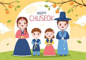 gelukkige chuseok-dag in korea voor dankzegging met mensen in traditioneel hanbok, volle maan en luchtlandschap in platte cartoonillustratie vector