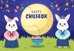 gelukkige chuseok-dag in Korea voor Thanksgiving met schattig konijnkarakter in traditioneel hanbok, volle maan en luchtlandschap in platte cartoonillustratie vector