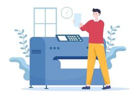 printshopillustratie met productieproces bij drukkerij en machines voor het bedienen van grote bestandsprinters in vlakke stijl cartoon vector